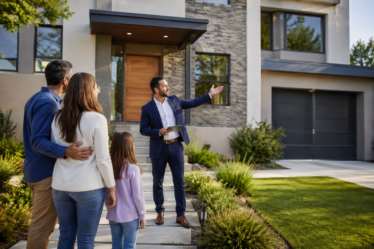 Asesor inmobiliario mostrando una vivienda moderna a una familia